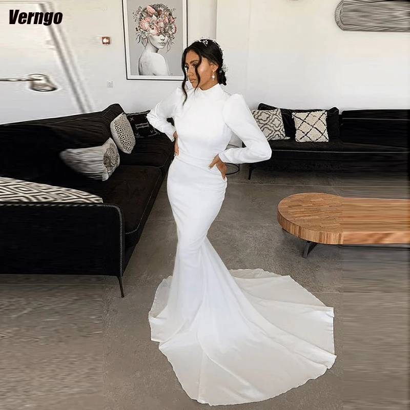 

Verngo Mermaid Elegant Muslim Bridals Dresses High Neck Long Sleeves Wedding Dress 2024 Satin Backless Women Bridals Gowns