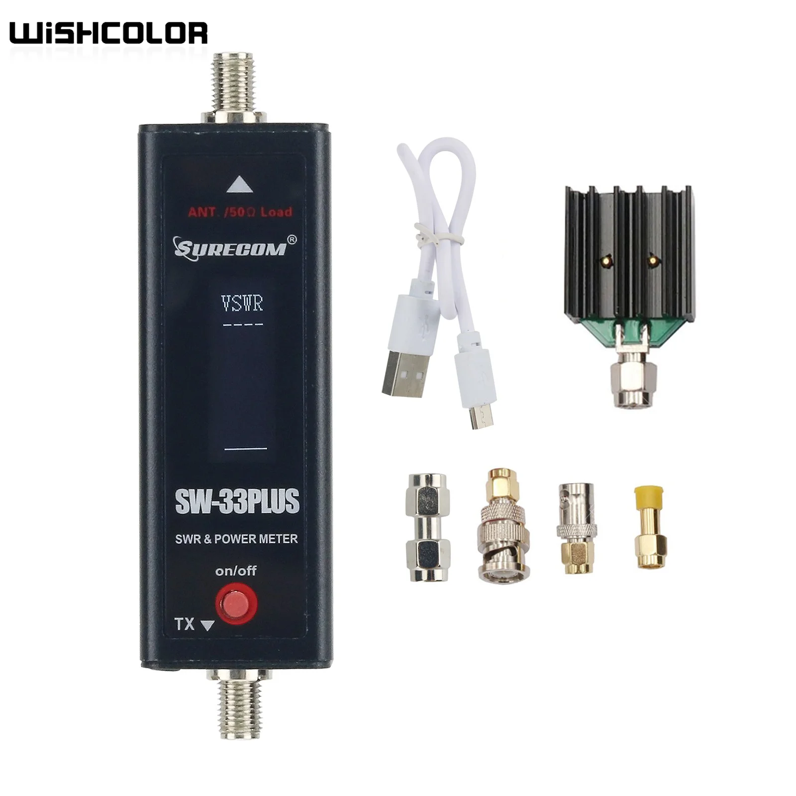 Wishcolor SW-33PLUS Mini VHF/UHF 125-525MHz Standing Wave Power Meter 100W with 4 Connectors and Dummy Load