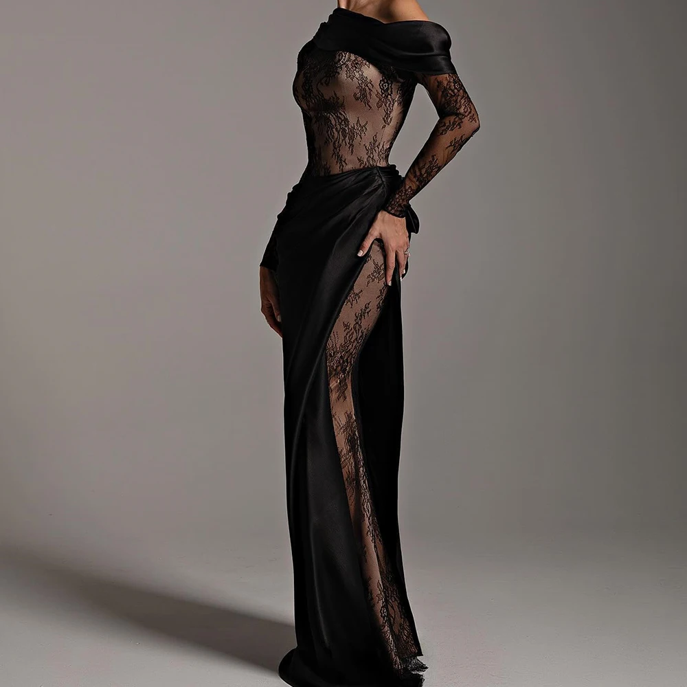 

Customized Temperament Side Slit Off the Shoulder Pleats Lace Long Sleeves Evening Dress Graceful Straight Black Party Gown