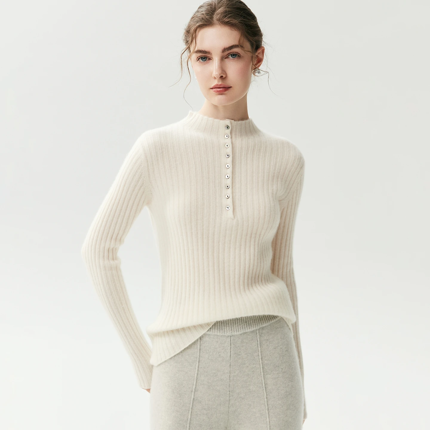 Autumn Winter Sweater Womens Basic Pullover 100% Cashmere Sweater Mock Neck Slim Pullover Knit Pit Strip Half Buckle Inside Join
