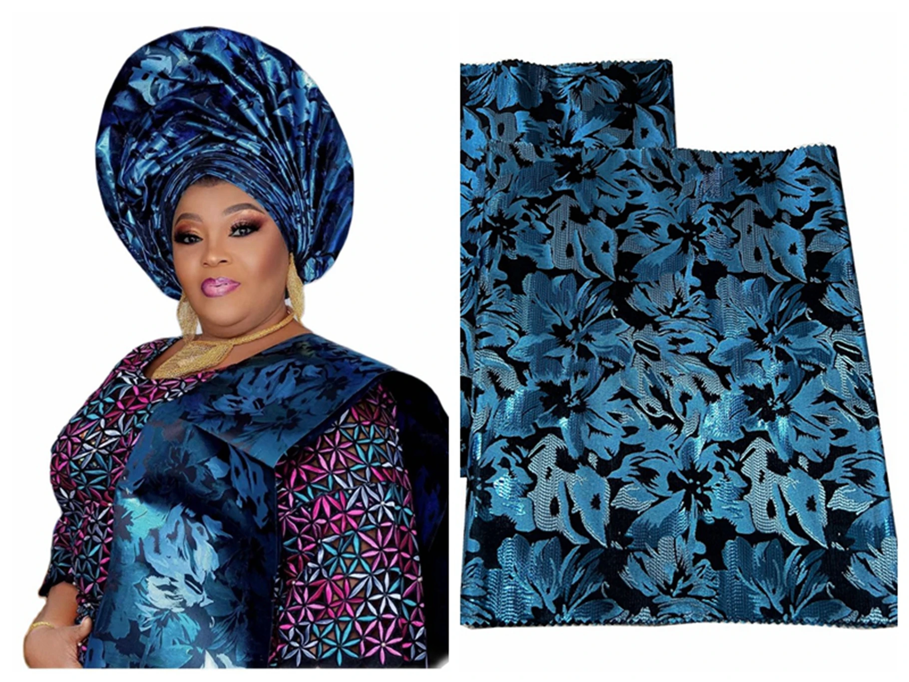 African Hot Sale High Quality Fashion Sego Gele Printing Embroidery Fabric Cap Wrapper Headtie For Women Wedding Party 2Pcs/Bag