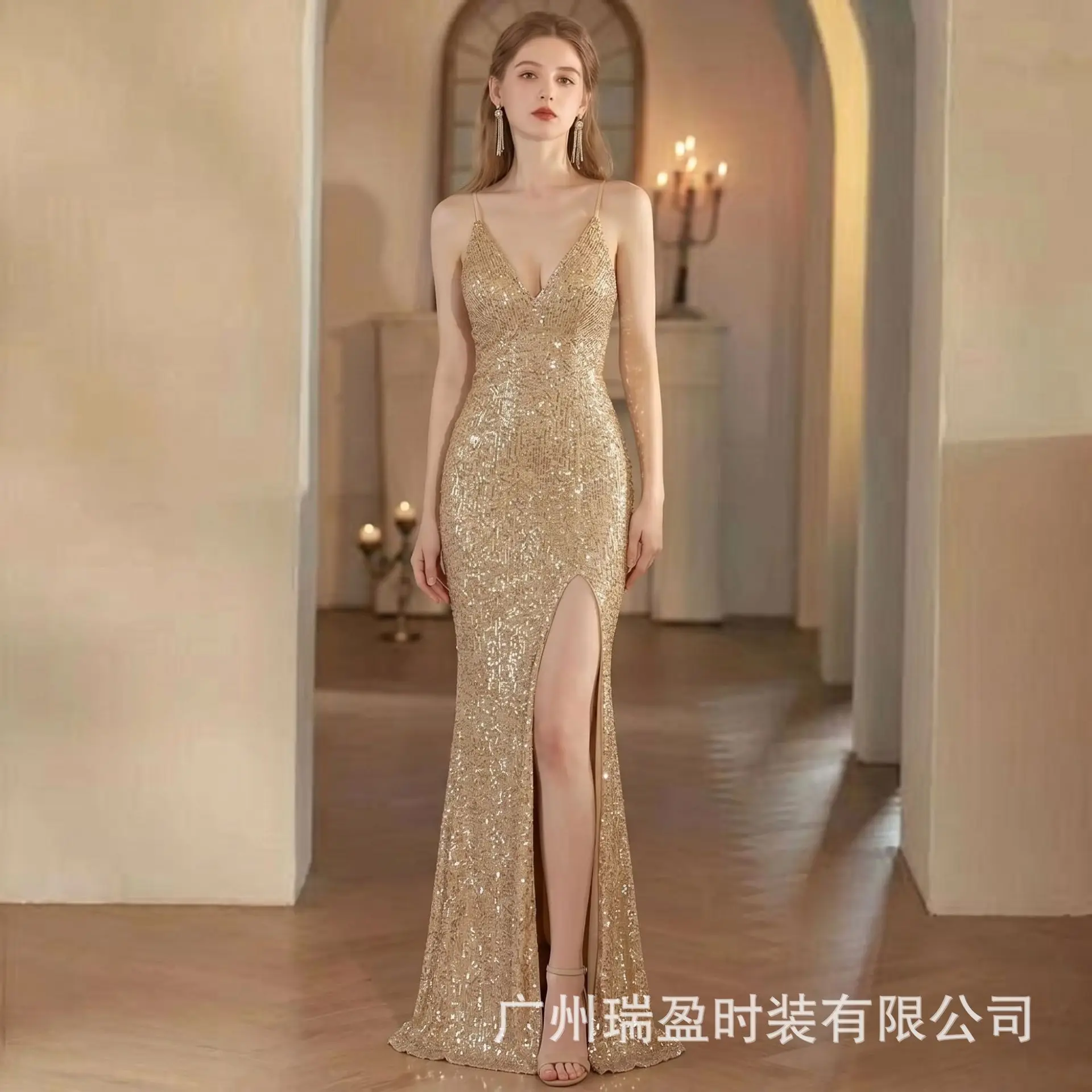 Sequin Dress Deep V Halter Split Fishtail Long Evening Dress Dresses Spring Summer Sparkly Bodycon Jumpsuit view 6