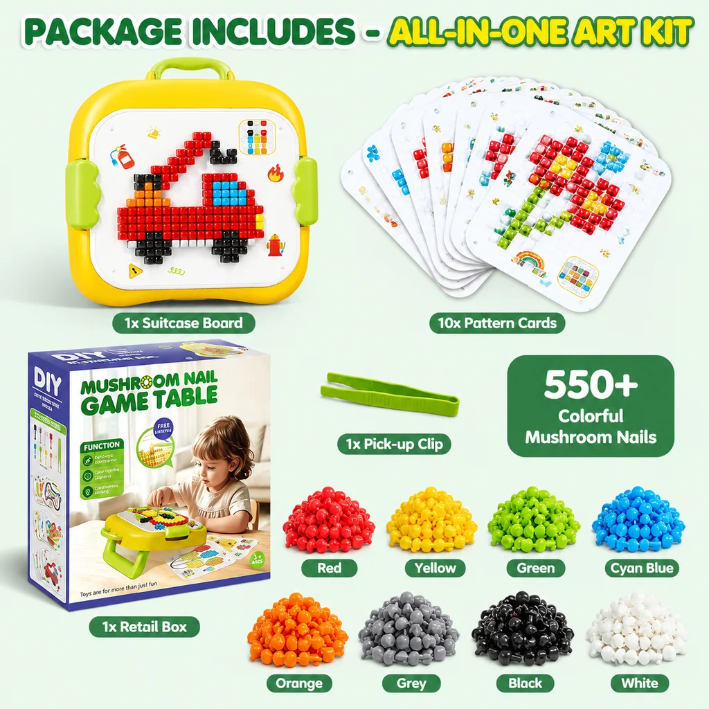 550+Pcs Mushroom Nail Pegboard Toy DIY Mosaic Puzzle Art Board Game for Kids
