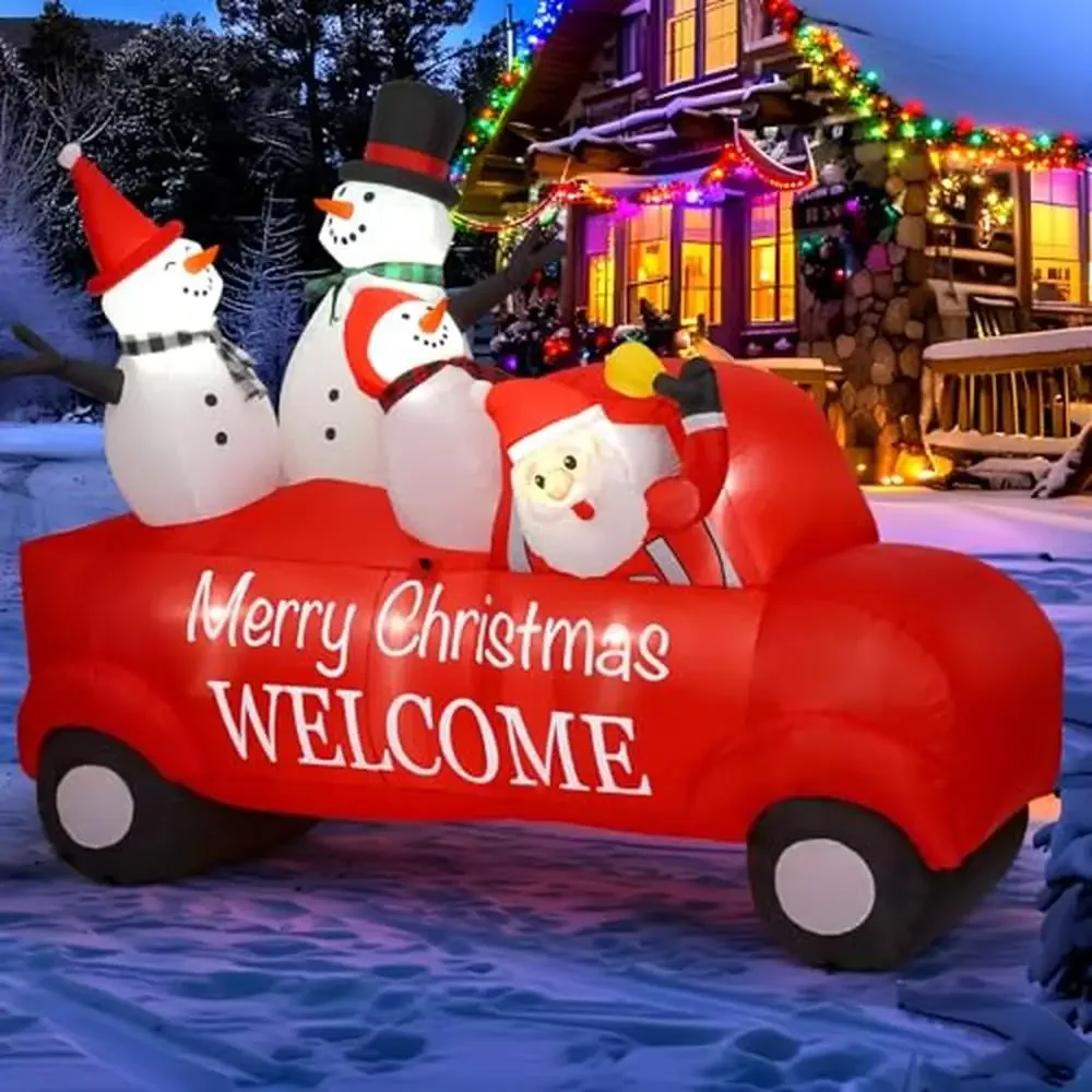 

8FT Inflatable Santa Driving with Three Snowmen- LED Lights Easy Inflate/Deflate Stakes/Ropes Included- Outdoor Christmas
