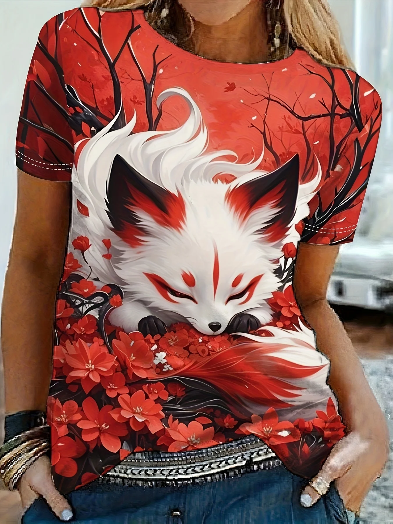 Women Crewneck T-shirt Red Floral Nine-tailed Fox Print Casual Short Sleeve Graphic Top