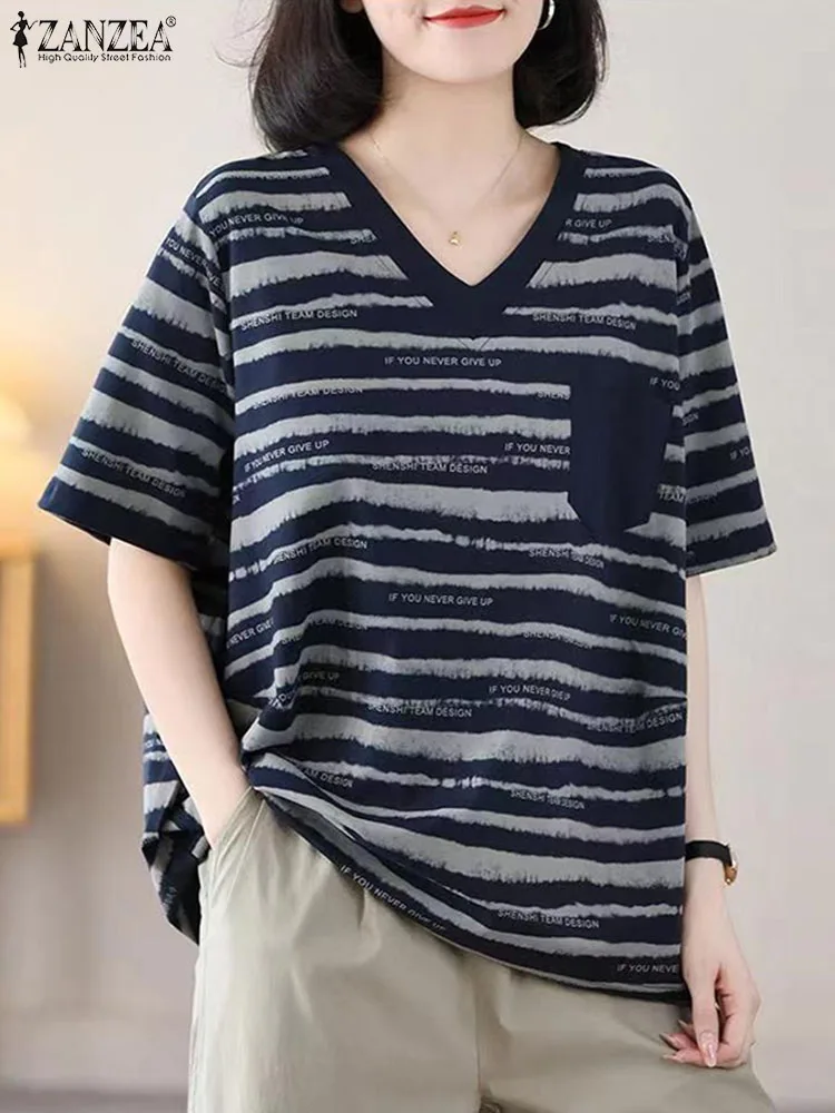 ZANZEA Women Stripes Knitted Blouse Korean Loose V-neck Tops 2024 Summer Daily Short Sleeve T-shirt Holiday Casual Basic Tunics