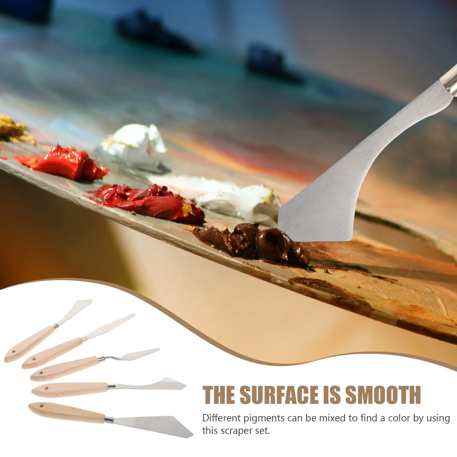 

5Pcs Oil Painting Knife Set Stainless Steel Blades Wood Handles Palette Knife for Mixing Acrylic Pigments and Art Supplies