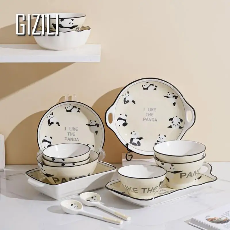 Cute Panda Ceramic Dinnerware Food Plate Cartoon Dinner Plates Set Ableware Bowl Set Household Salad Bowl Kitchen Supplies