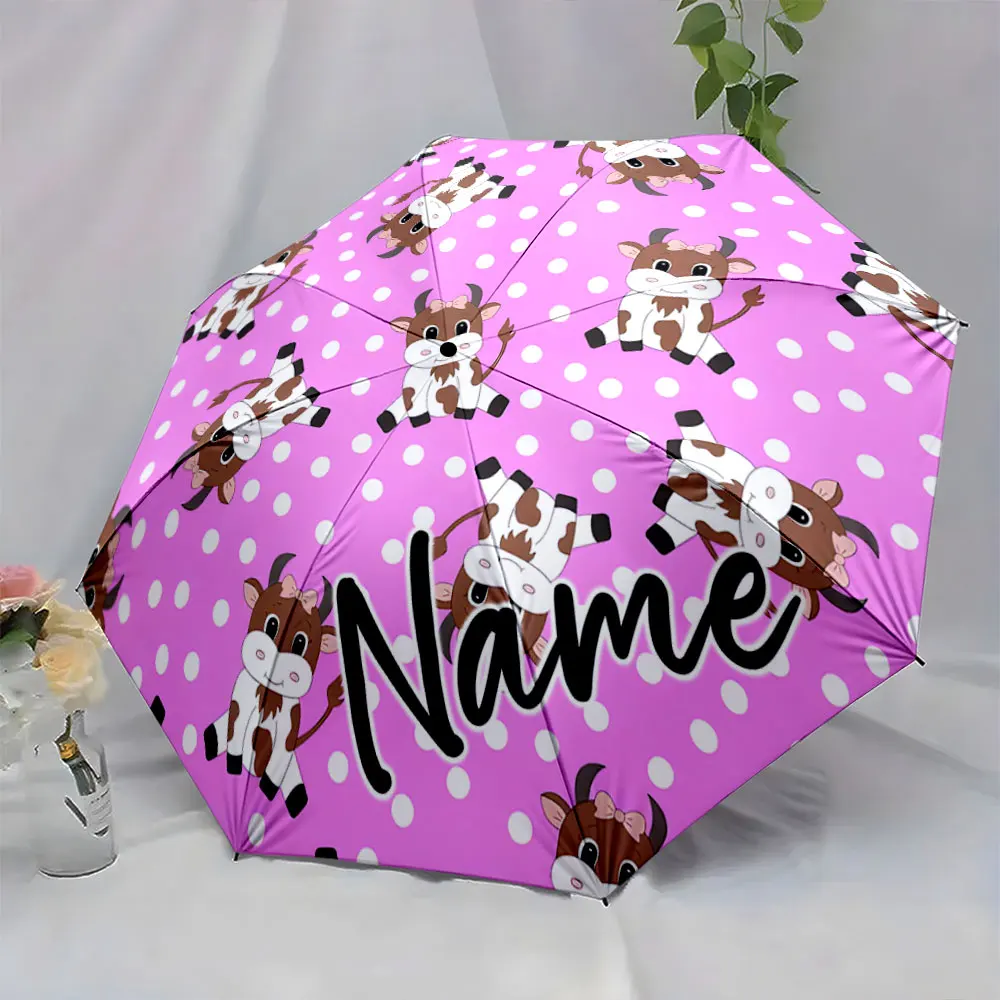 Custom Name Umbrella Cute Cow Design on Pink Umbrella Print 8 Iron Ribs Folding Umbrella Auto-Open Fashion Sunshade