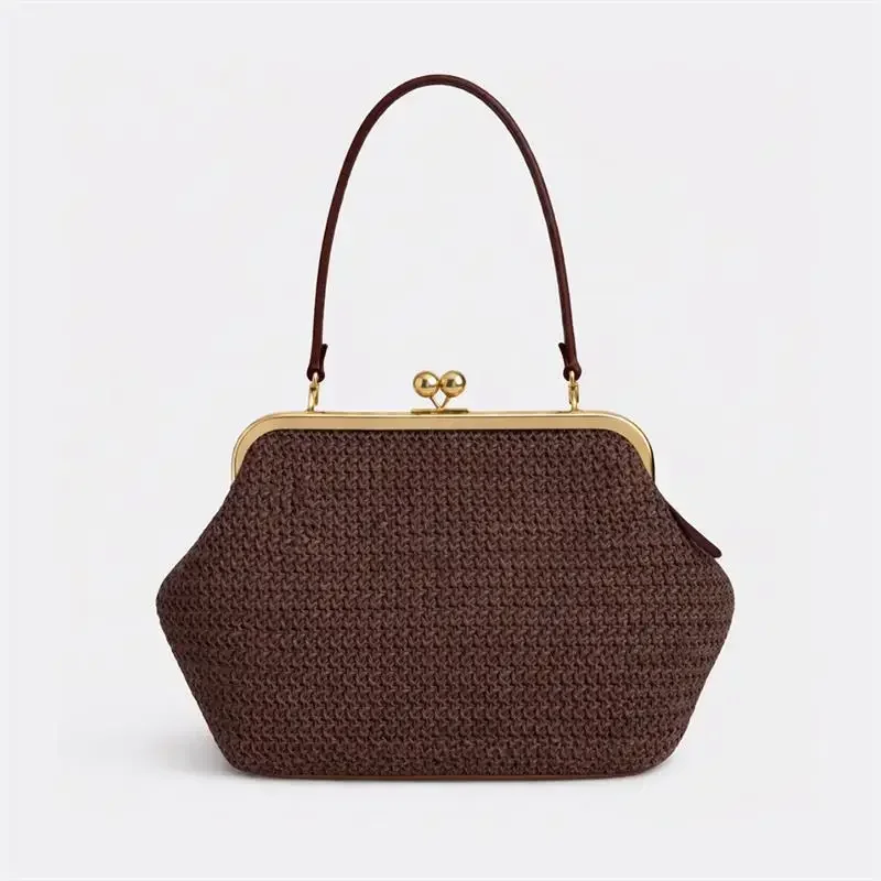 Luxuriöse Unregelmäßige Damen-Schultertasche, Sommer Strand Stroh Muschel-Handtasche Marken-Großraumtasche mit Clipverschluss Elegante Abendtasche – Detail 1