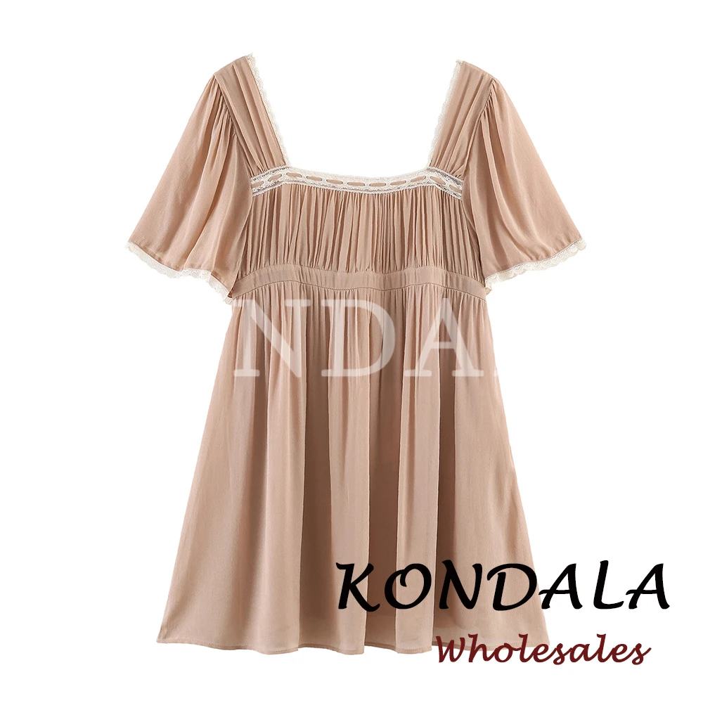KONDALA Chic Solid Fashion 2026 Spring Woman Lace Dress Patchwork Khaki Mini Casual Dress Backless Streetwear Female Vestidos