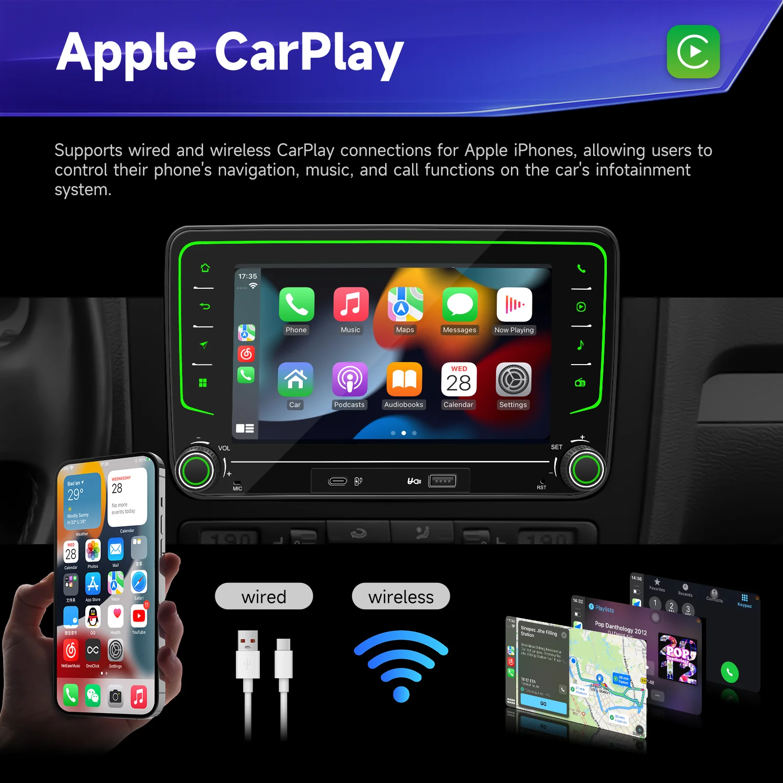 BQCC 7'' Car Player for VW Volkswagen Golf Polo Tiguan Passat 7 Color Lights Wireless CarPlay Android Auto FM Stereo Car Radio