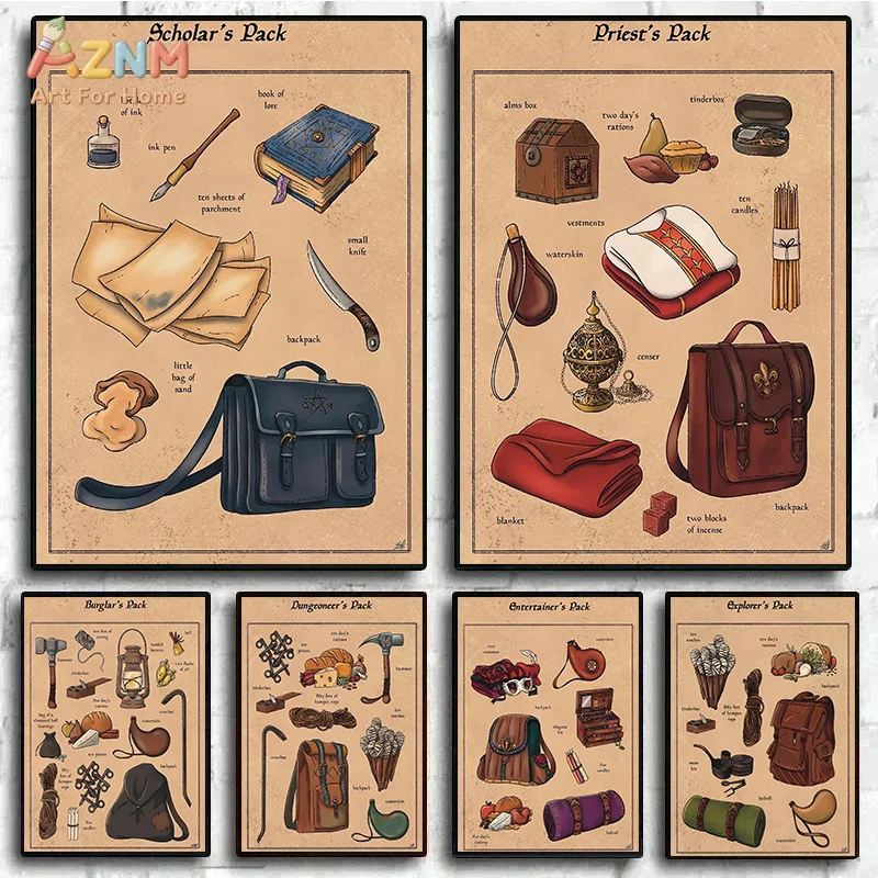 AZNM Unframed Canvas Print D&D Adventurer's Packs Poster Wall Art Decor for RPG Fans