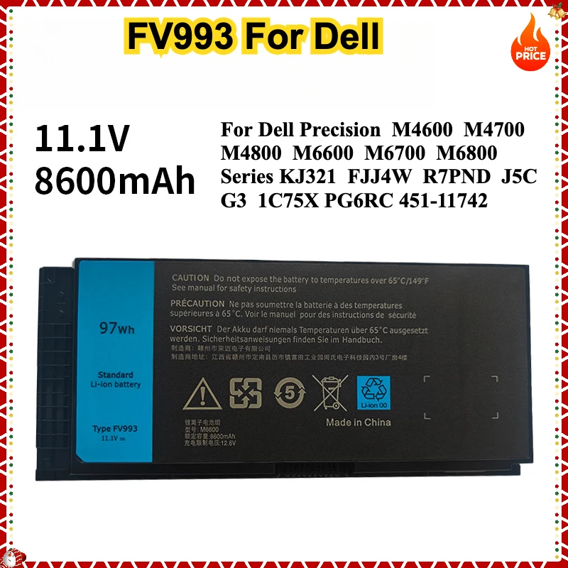 

FV993 Laptop Battery for Dell Precision M4600 M4700 M4800 M6600 M6700 M6800 Series KJ321 FJJ4W R7PND J5CG3 1C75X PG6RC 451-11742