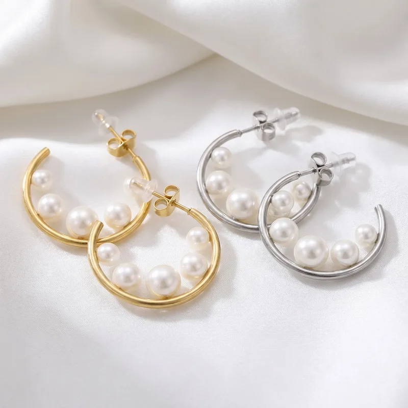 KALEN Women's Fashion Boho Stainless Steel Shell Pearl C-Hoop Earrings Gold Silver Color Half Hoop  Imitation Pearls Jewelry