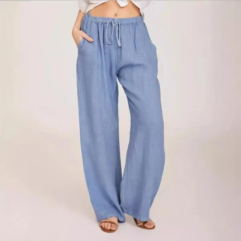 Ladies Lightweight Linen Blend Wide Leg Pants Elastic Drawstring Waist Loose Fit Casual Pants With Side Pockets Vacation Trouser