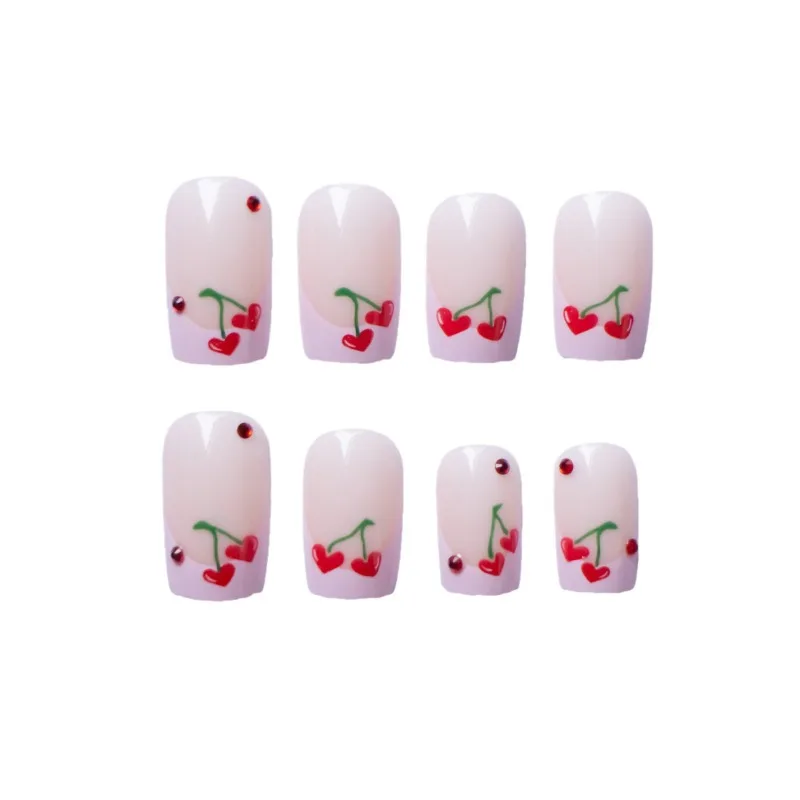 24pcs Square Short Cherry Heart Pink Press on Nails To Stick on French Tip Red Diamonds Medium Fake Nails with Glue False Nail