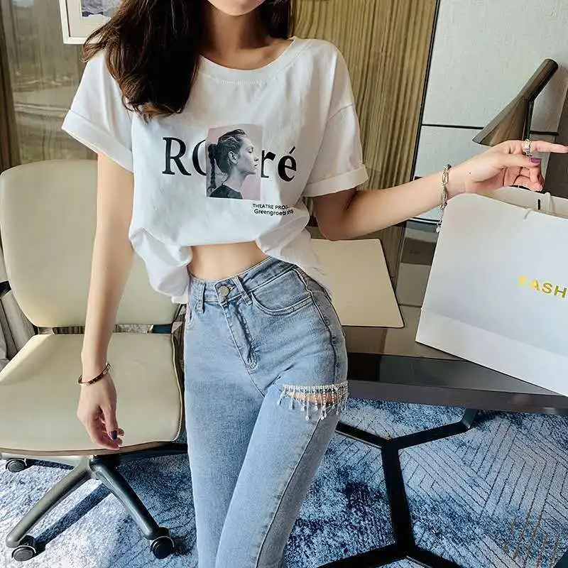 

Nine-point Pants Women Solid Trouser Blue Hold Jeans Sexy Beading Women's Summer 2024 New All-match High Waist Stretch Pants