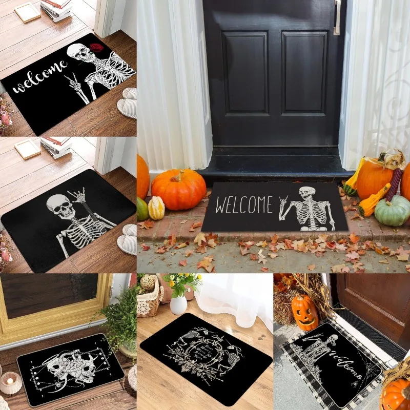 Halloween Gruseliges Skelett Geste Druck Willkommen Teppich Matte Teppich Schädel Rose Grenze Rutschfeste Indoor Outdoor Home Dekoration