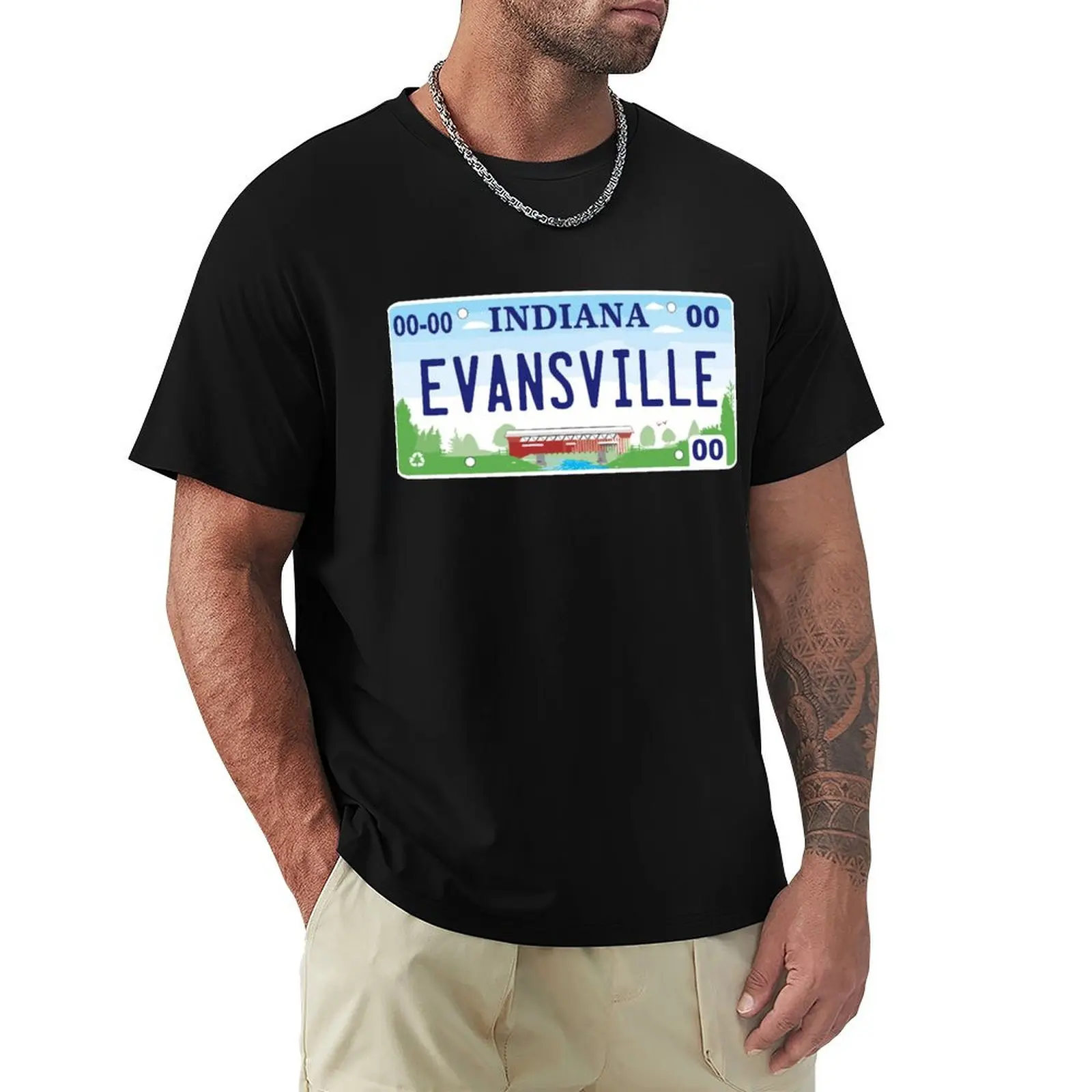 

Evansville Indiana License Plate T-Shirt Retro Style Print Casual Top