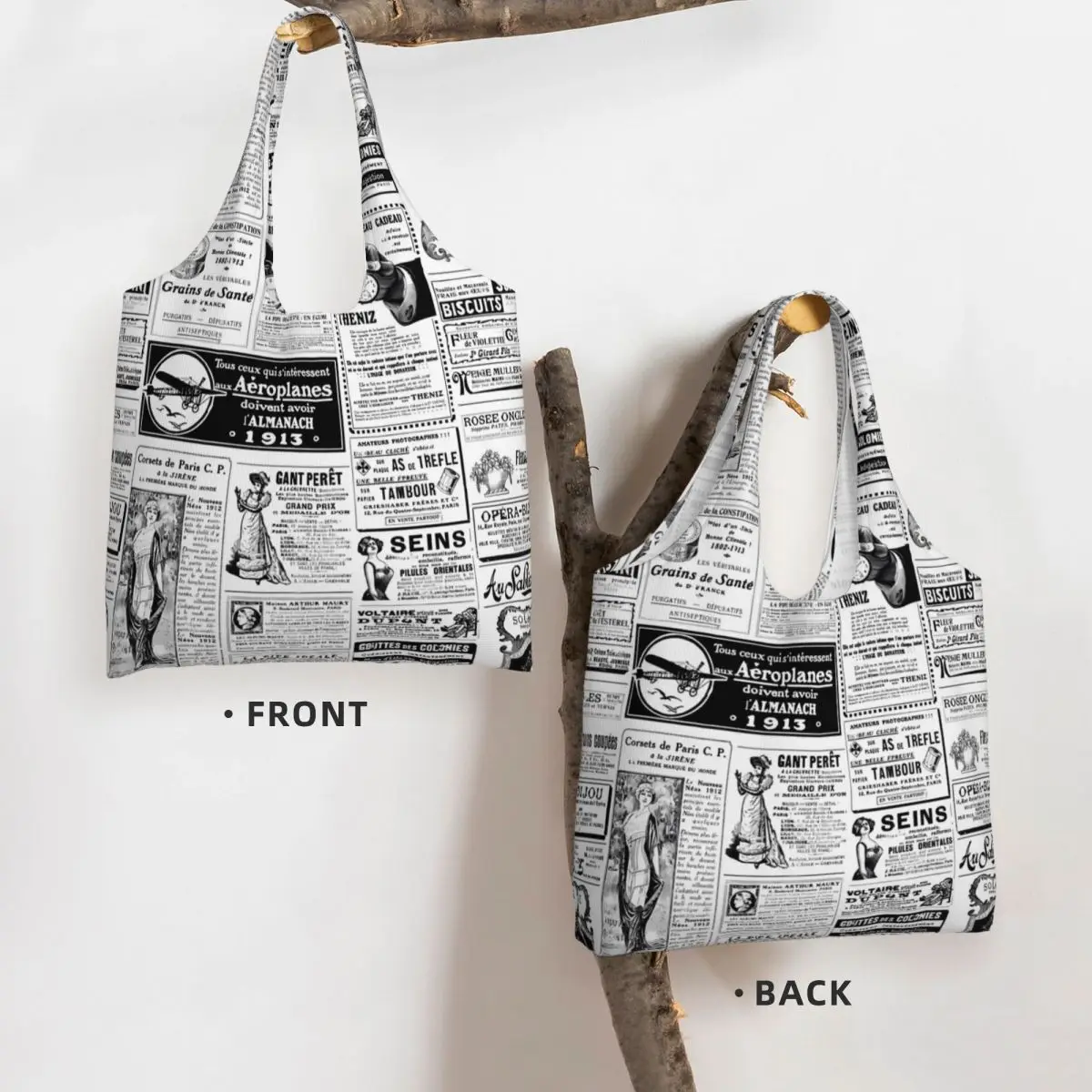 Victorian Newspaper Shopper Bag Black White Letter Casual Handbags Cloth Work Tote Bag Women Print Shopping Bags