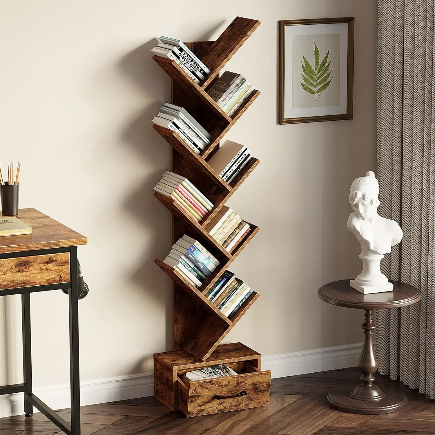 Bookshelf with Wooden Drawer, 9 Shelf Tree Bookshelf, Modern Book Storage, Free Standing Tree Bookcase, Utility Organi