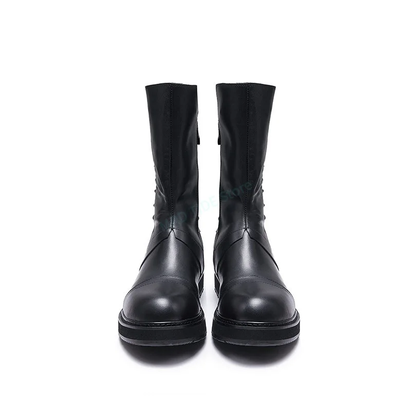 Men Ankle Shoes Genuine Leather Black Zip Lace Up HIgh Top Man's Shoes Brand Gothic Vintage Luxury Designers Fleece Wool Boots