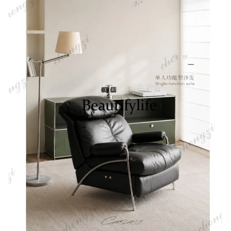 Genuine leather single sofa with electric function, zero-gravity Italian minimalist black sofa