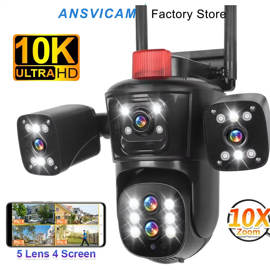 

ANSVICAM 20MP WiFi IP Camera Outdoor Wireless 10X Optical Zoom Four Screen Display Five Lens PTZ Auto Tracking Waterproof CCTV