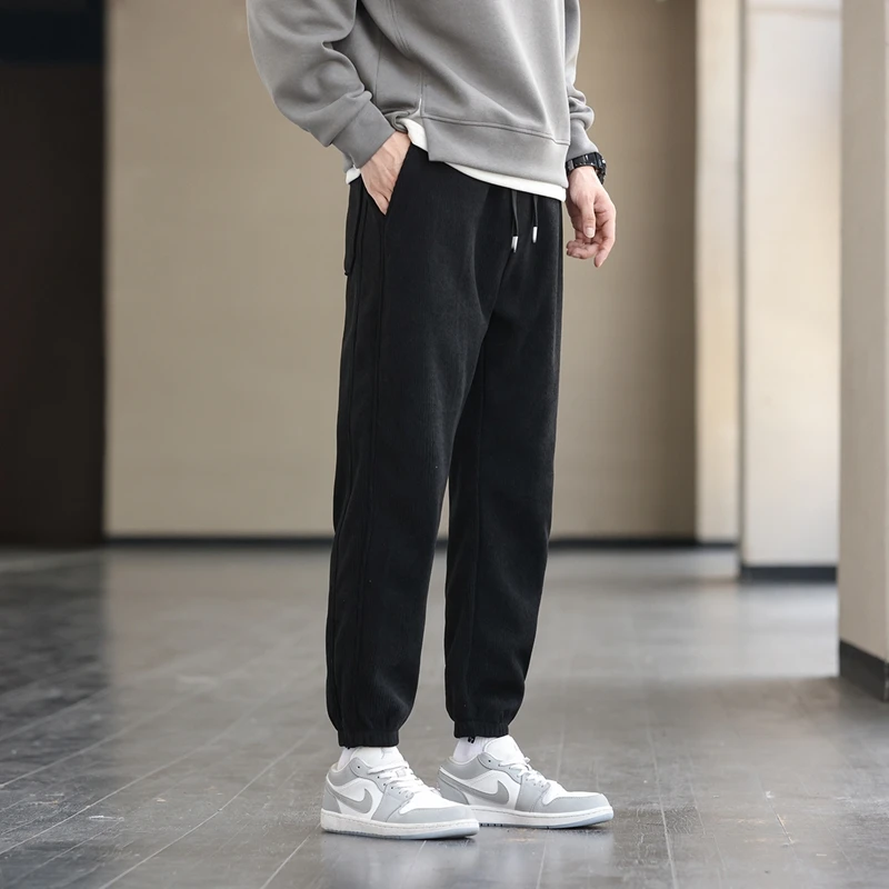 Autumn Winter Men's Straight-Leg Casual Pants Black Gray Khaki Corduroy Thermal Straight Trousers Elastic Waist with Drawstring