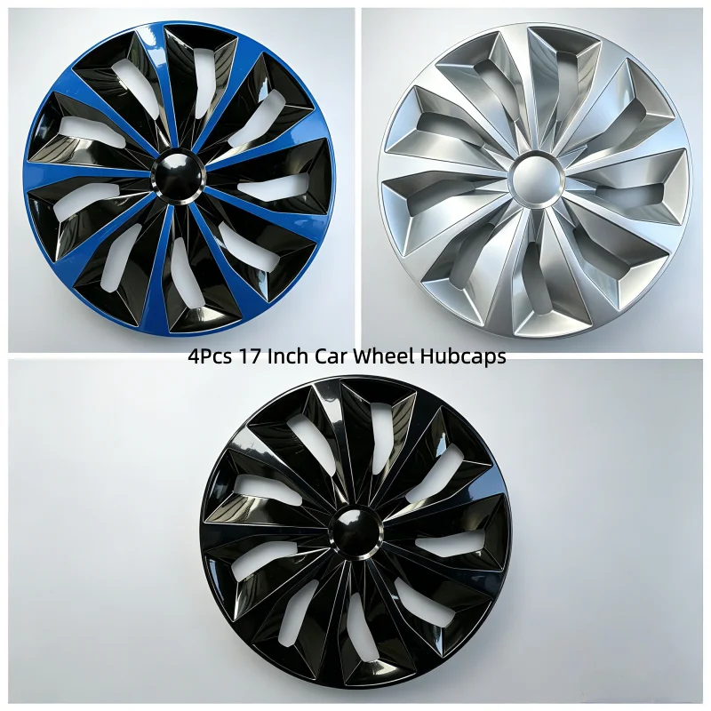 4Pcs 17 Inch Car Wheel Hub Cap Cover Dual Color Baking Paint Universal Rims Protective Shells 17TT Blue Full Silver Gloss Black