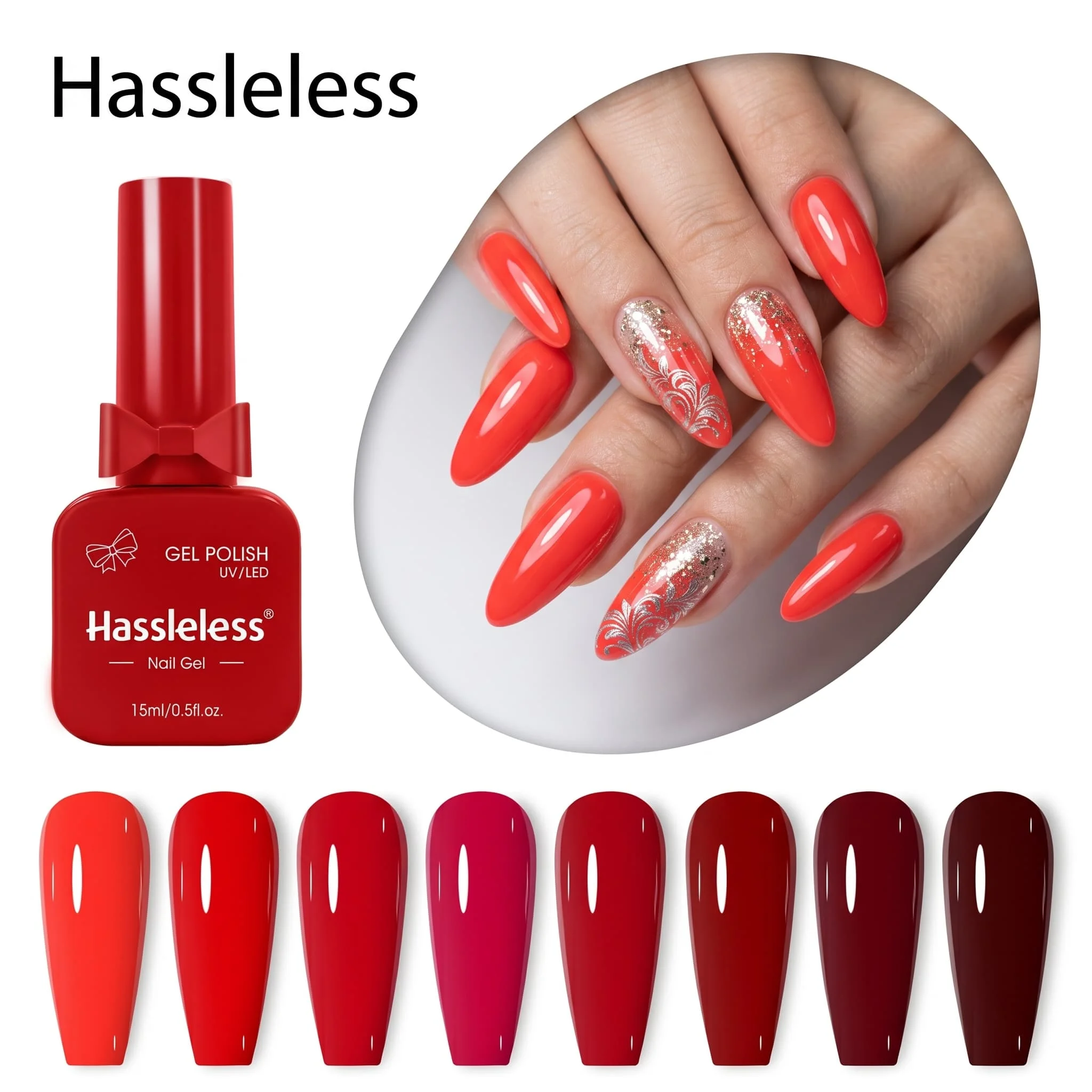 Hassleless 8-piece vintage red nail gel polish set offers even color application, long-lasting wear, and is resistant to fading. Perfect for a brightening manicure in autumn and winter, it's an ideal gift for women and