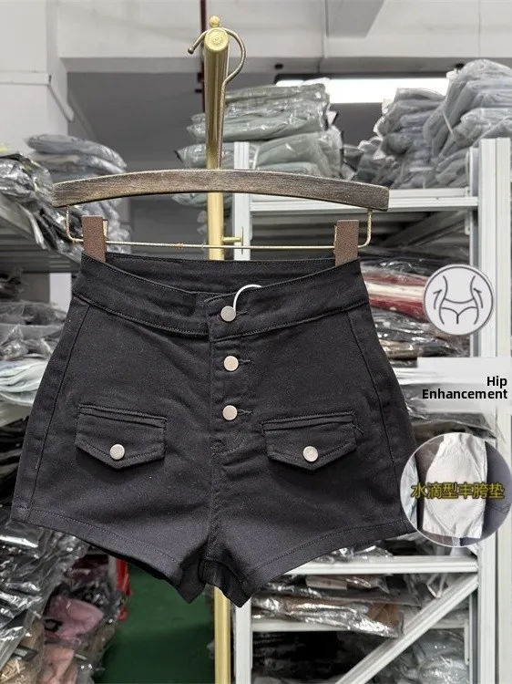 Slim Fit High Waist Denim Shorts Women's Single Button Bootcut Hot Pants Summer New Style Versatile Black Straight Tube Shorts