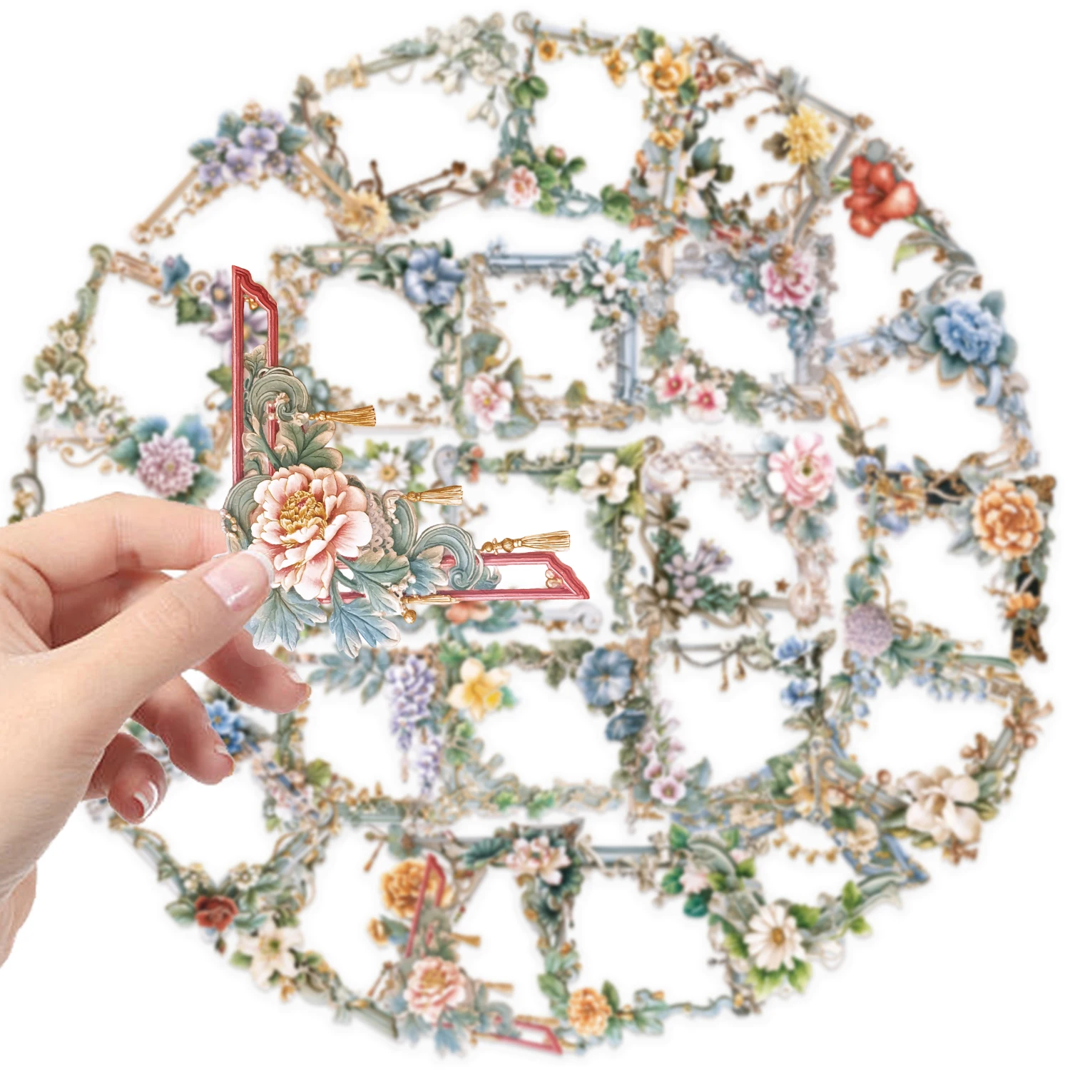 50 szt. Kwiatowe Ramki na Zdjęcia Kreatywne Naklejki Dwustronne PET DIY Dekoracyjne na Obudowy Telefonów, Biurka, Kaski, Wodoodporne Naklejki na Prezent