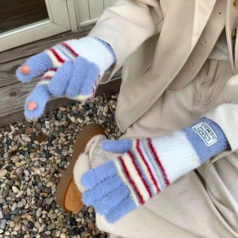 Korean Style Colorful Striped Touchscreen Gloves Warm Soft Knitted Mittens Fashion Harajuku Winter Accessories