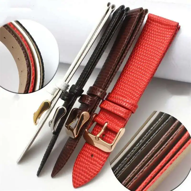 Universal 12 14 16 18 20Mm Ultra-Thin Genuine Leather Watchband Brown Black Red White Lizard Grain Strap Fit For C-K D-W Watch