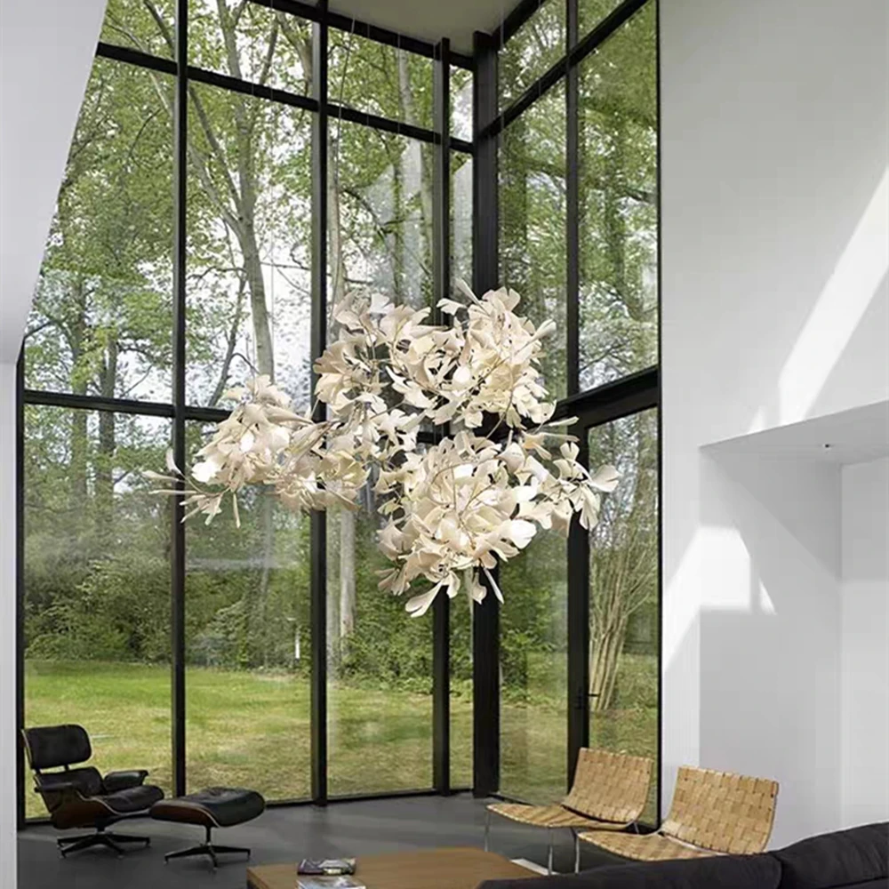 

White Porcelain Leaf Chandelier For Living Dining Room Loft High Ceiling Staircase Entrance Ginkgo Leaf Chandeliers Light