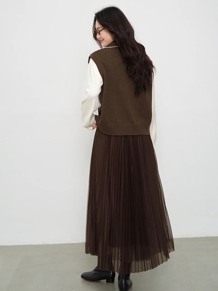 ALXNAN Braune Pullover für Damen, gefälschte zweiteilige Farbblock-Patchwork-Knopfpullover, atmungsaktiv, bequem, gestrickte Oberteile, L57733