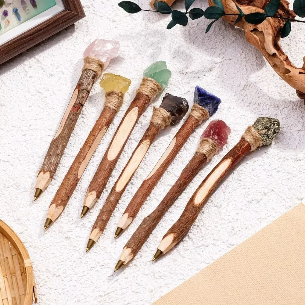 Unique Natural Rough Crystal Ballpoint Pen Log Craft Decorative Wooden Raw Stone Scepter Pen Handmade Signature Pen Students