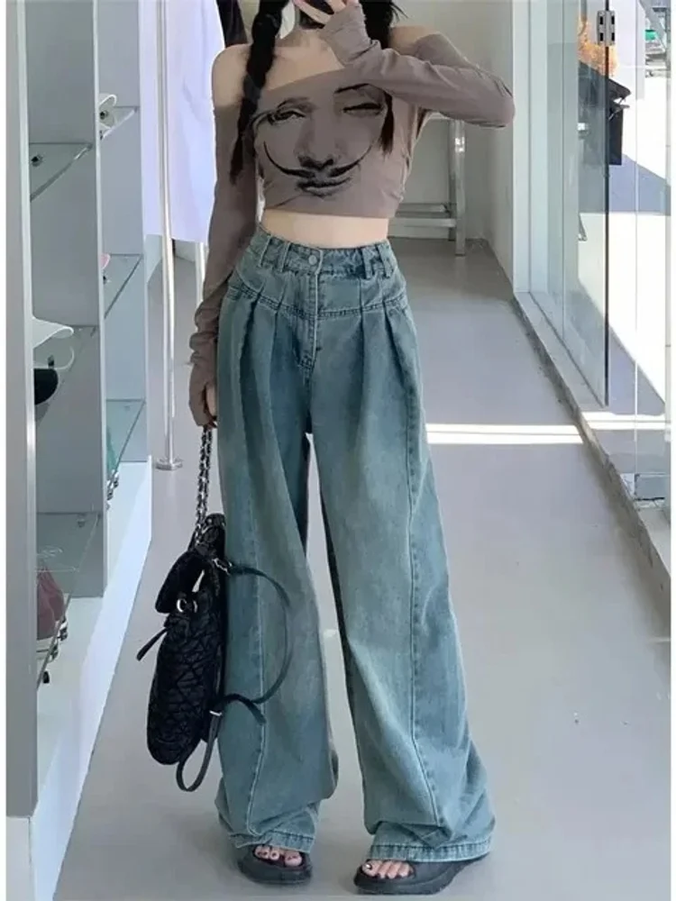 Vaqueros de pierna ancha para mujer, estilo coreano, cintura alta, ropa de calle Vintage elegante, pantalones holgados universitarios sencillos que combinan con todo