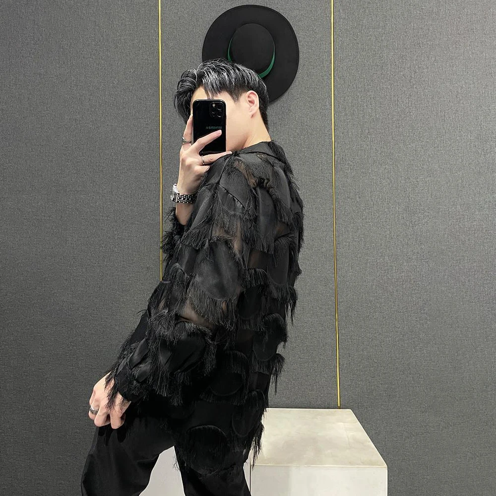 Mens Feather Tassel Nightclub Casual Shirt Streetwear Fashion Stage Performance Youth Campus Long Sleeve Top Men'S Clothing 2026