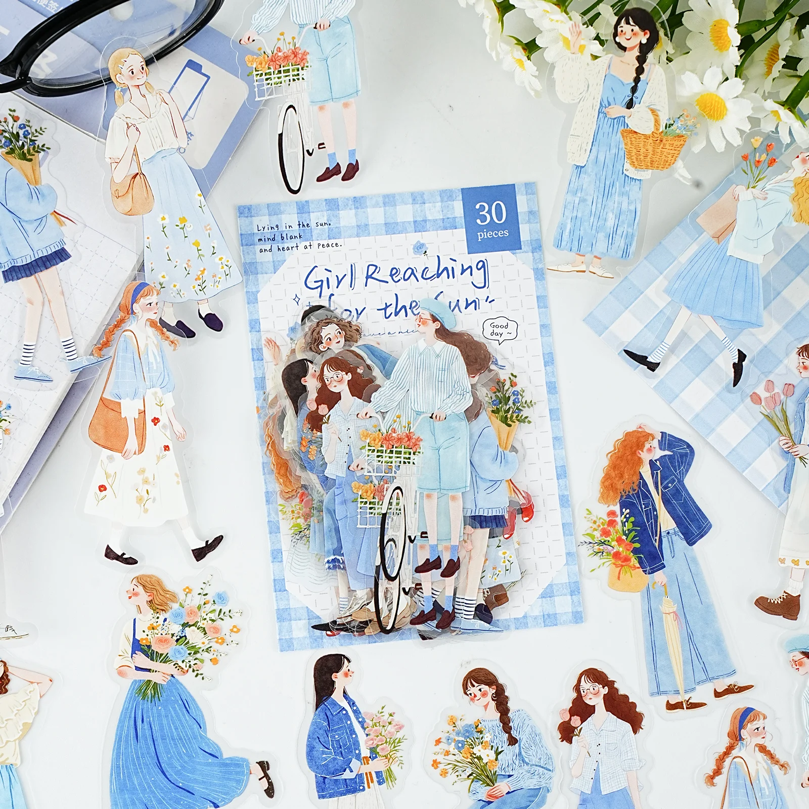 Etori Life Sunflower Growth Series Warm and Artistic Outing Girl Pattern Decorative Stickers DIY Collage Materials Suitable for Laptops, Suitcases, Guitars, Photo Albums, Bicycles, Handmade Scrapbooking Supplies, Office Decoration Accessories, Student Gift Paper Bags, DIY Crafts, Children's Stickers, Korean Stationery