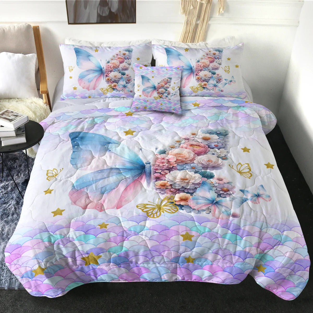 Unique Butterfly Consist of Flowers Design Comforter Set for Kids and Adults Modern Bedspread Home Decor