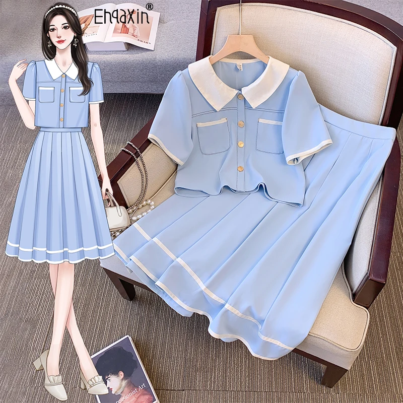 

EHQAXIN Women's Dress Set Fashion 2024 Summer New Button Cardigan Short Sleeved Shirt+Loose Pleated Skirt Set Ladies M-3XL