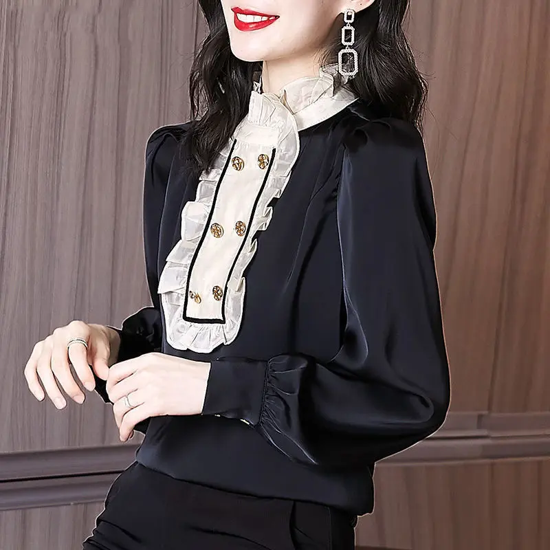 Vintage Office Lady Ruffles Shirring Bright Silk Solid Shirt Spring 2022 Ruffled Neck Long Shirt Sleeve Slim Top Womens Clothing