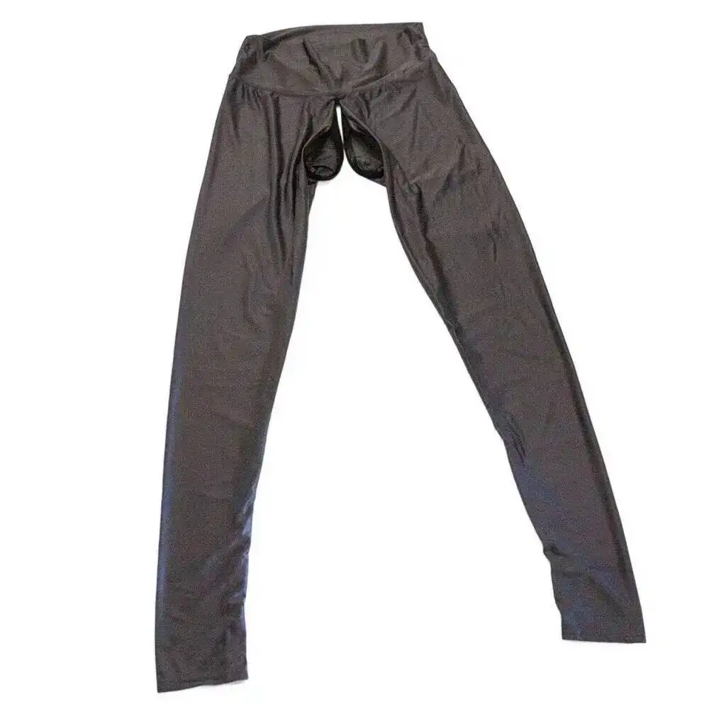 Summer Glossy See Through Yoga Leggings Invisible Zipper Open Crotch High Waist Sexy Pants Tight Satin Trousers Women