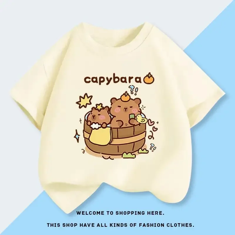 Kapibala Capybara Children's Short-Sleeved T-Shirt Pure Cotton Round-Neck Loose Versatile Summer Top for Kids