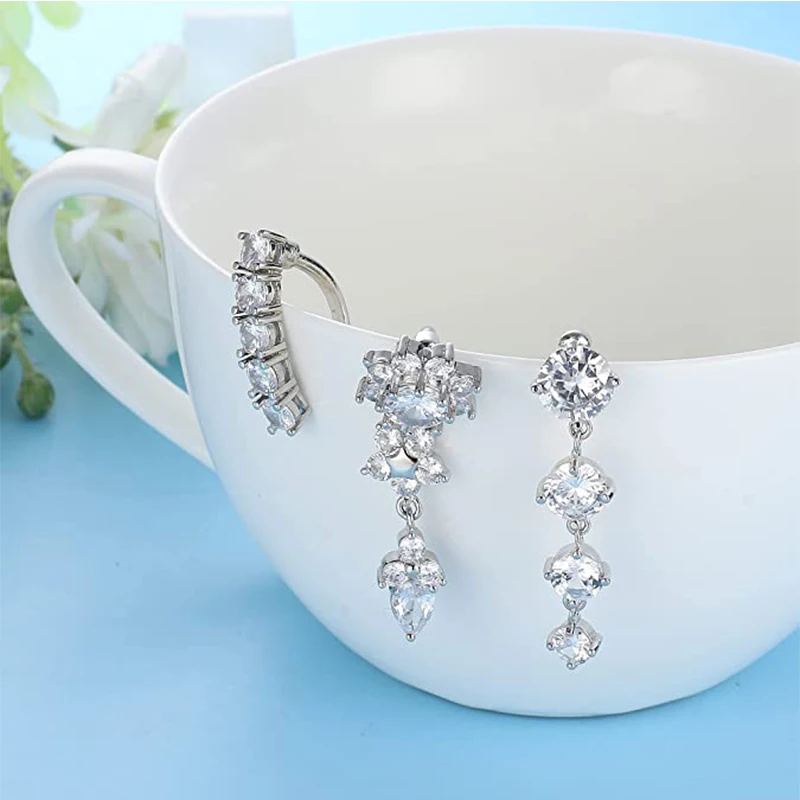 Dangled Reversed Bar 14G Belly Button Rings Piercing Nombril Flower Bow Crystal CZ Belly Piercing Jewelry Oreja Body Belly Ring