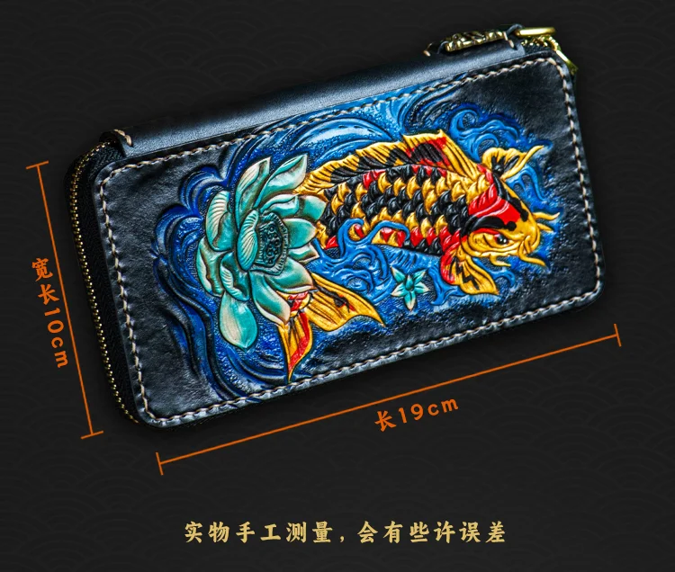 Handmade Wallet Genuine Leather Carving  Fish Purses Men Long Clutch Vegetable Tanned Leather Wallet Card Holder