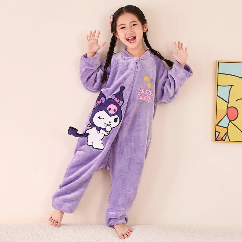 Kuromi Child Siamese Pajamas Girl Autumn Winter Plus Velvet Flannel Kawaii Cartoon Belly Protection Sleeping Bag Coral Fleece